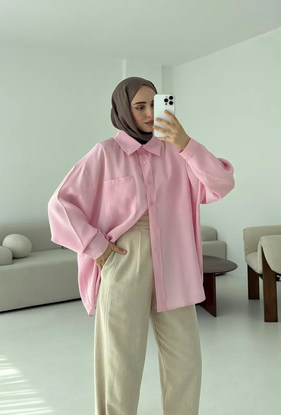 Krep Dökümlü Gömlek Pembe - Görsel 3