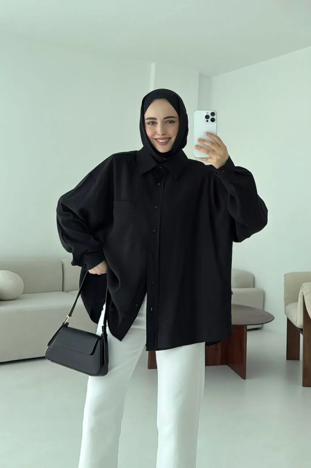 Krep Dökümlü Gömlek Siyah - Görsel 5