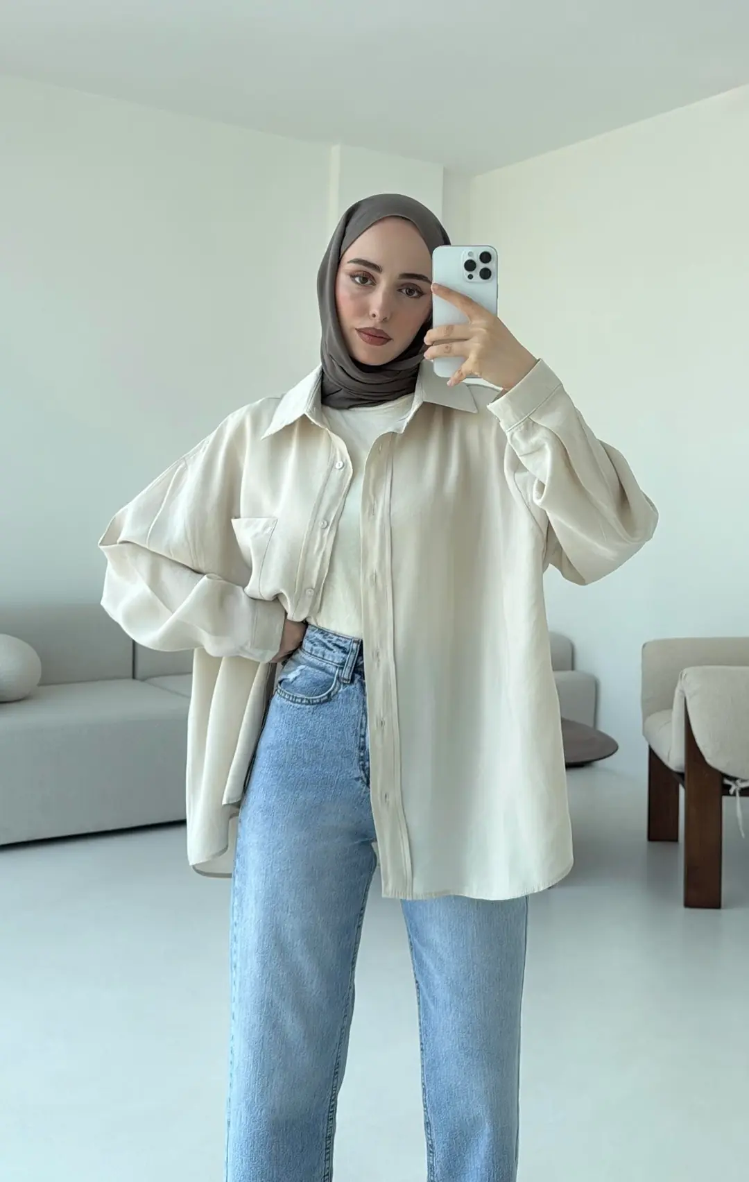 Krep Dökümlü Gömlek Taş - Görsel 3