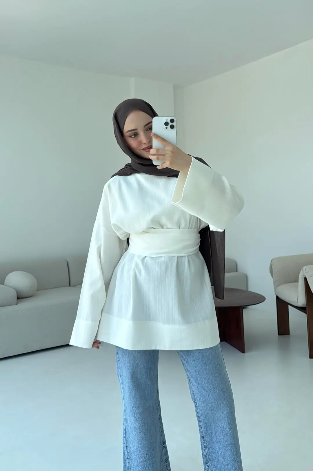 Kuşaklı Keten Bluz Beyaz - Görsel 3