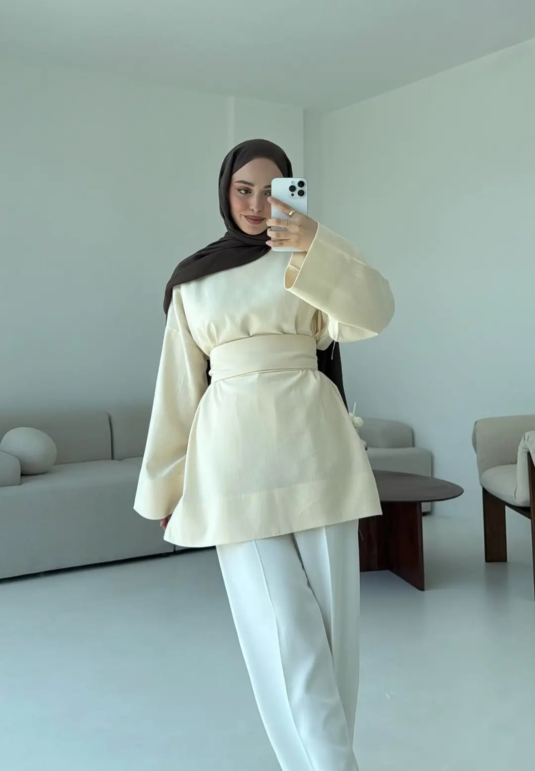 Kuşaklı Keten Bluz Krem