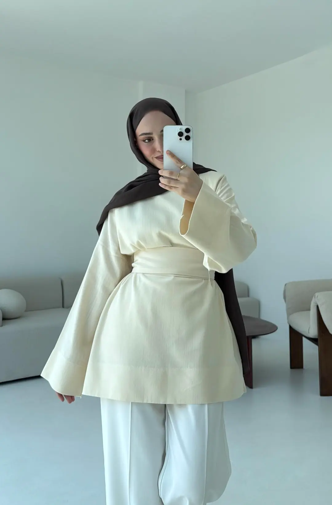 Kuşaklı Keten Bluz Krem - Görsel 5