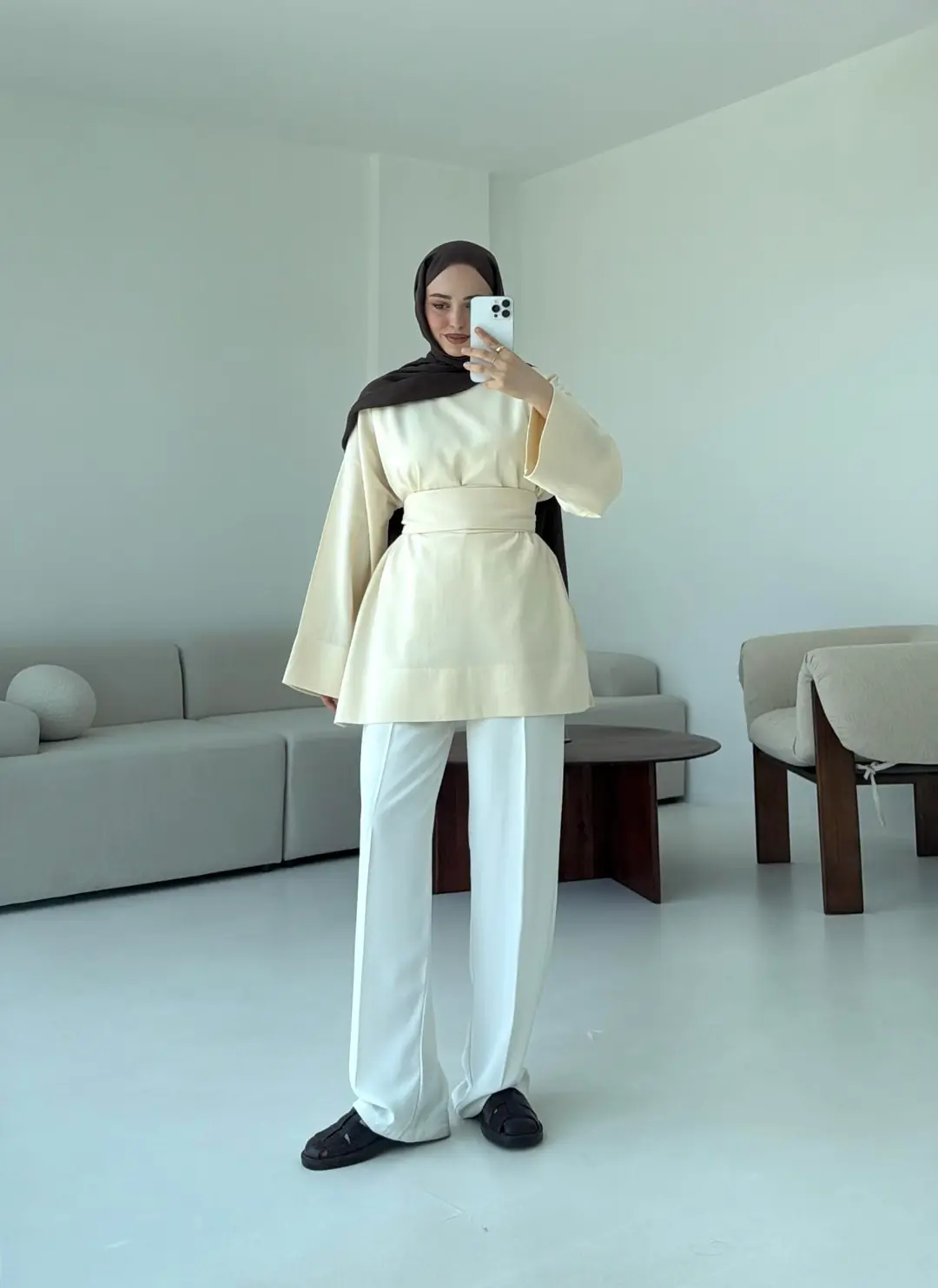 Kuşaklı Keten Bluz Krem - Görsel 7