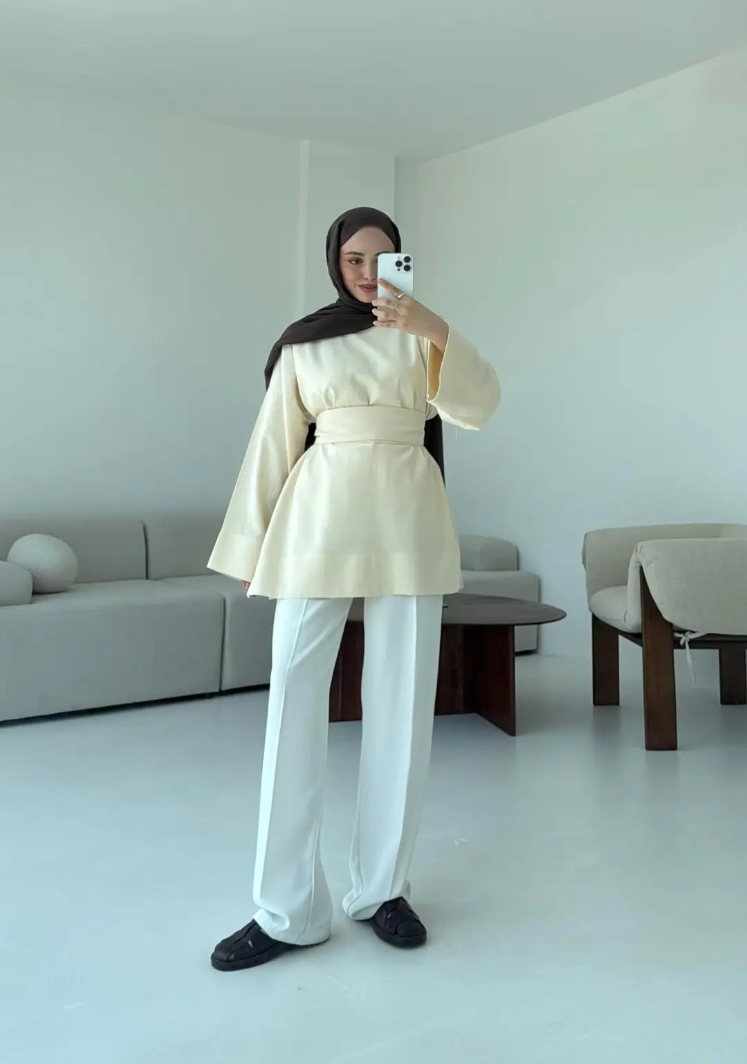 Kuşaklı Keten Bluz Krem - Görsel 8