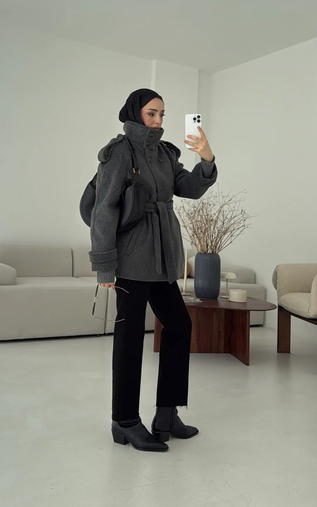 Kuşaklı Oversize Kaşe Kaban Antrasit