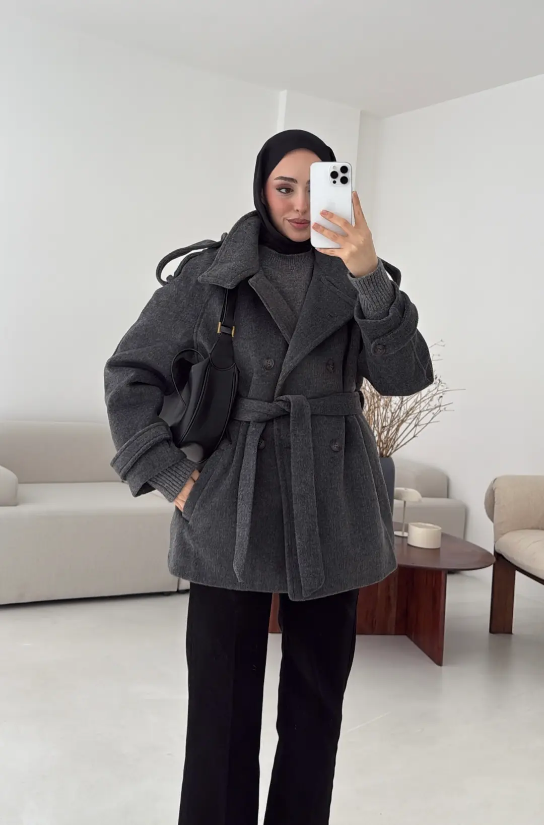 Kuşaklı Oversize Kaşe Kaban Antrasit - Görsel 10