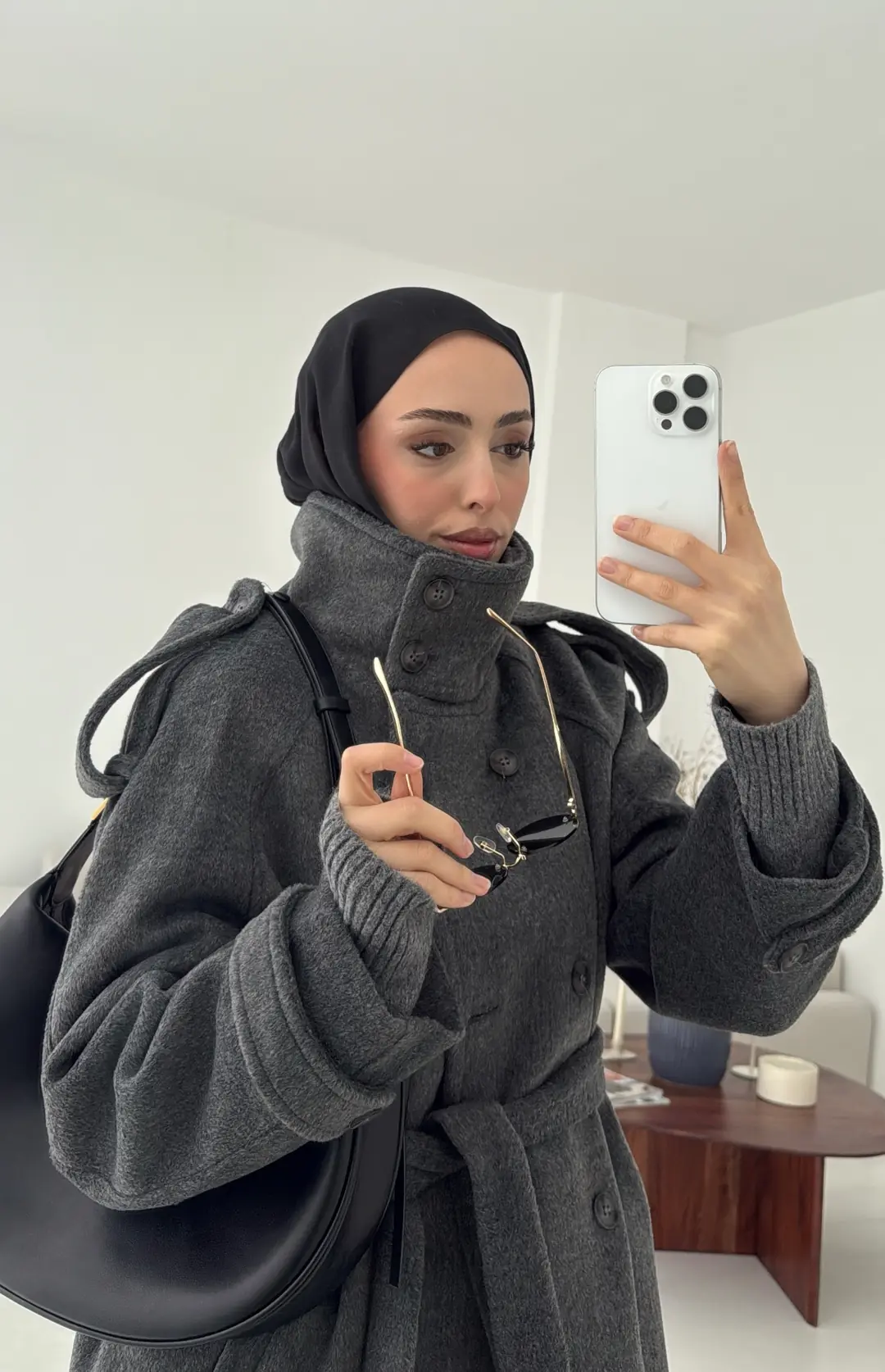 Kuşaklı Oversize Kaşe Kaban Antrasit - Görsel 4