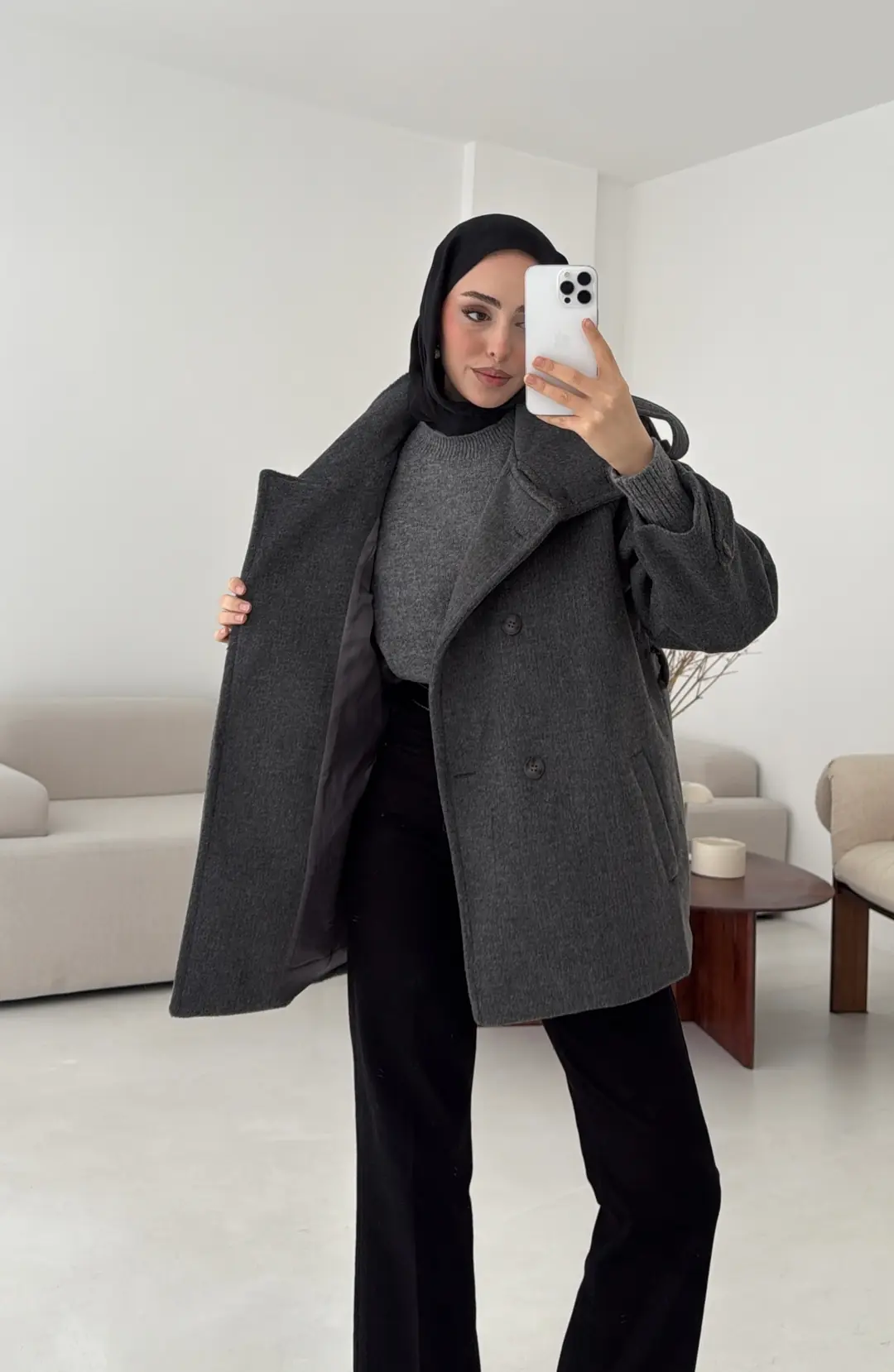 Kuşaklı Oversize Kaşe Kaban Antrasit - Görsel 5