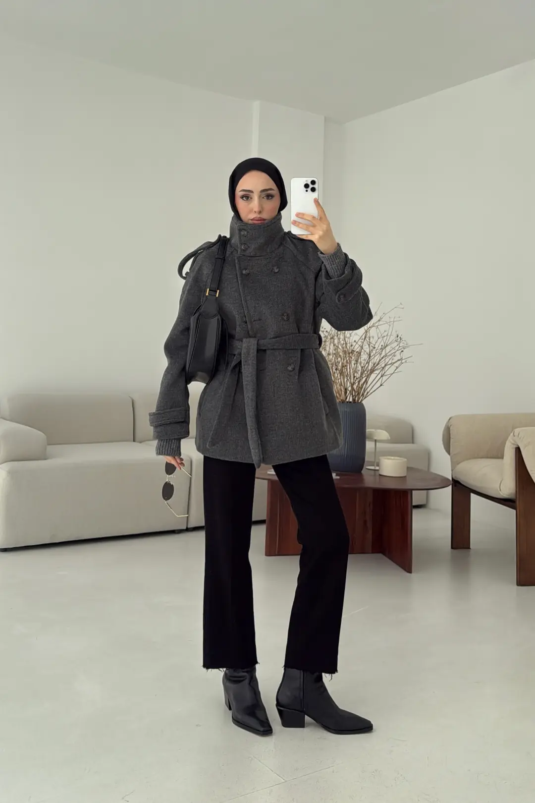 Kuşaklı Oversize Kaşe Kaban Antrasit - Görsel 7