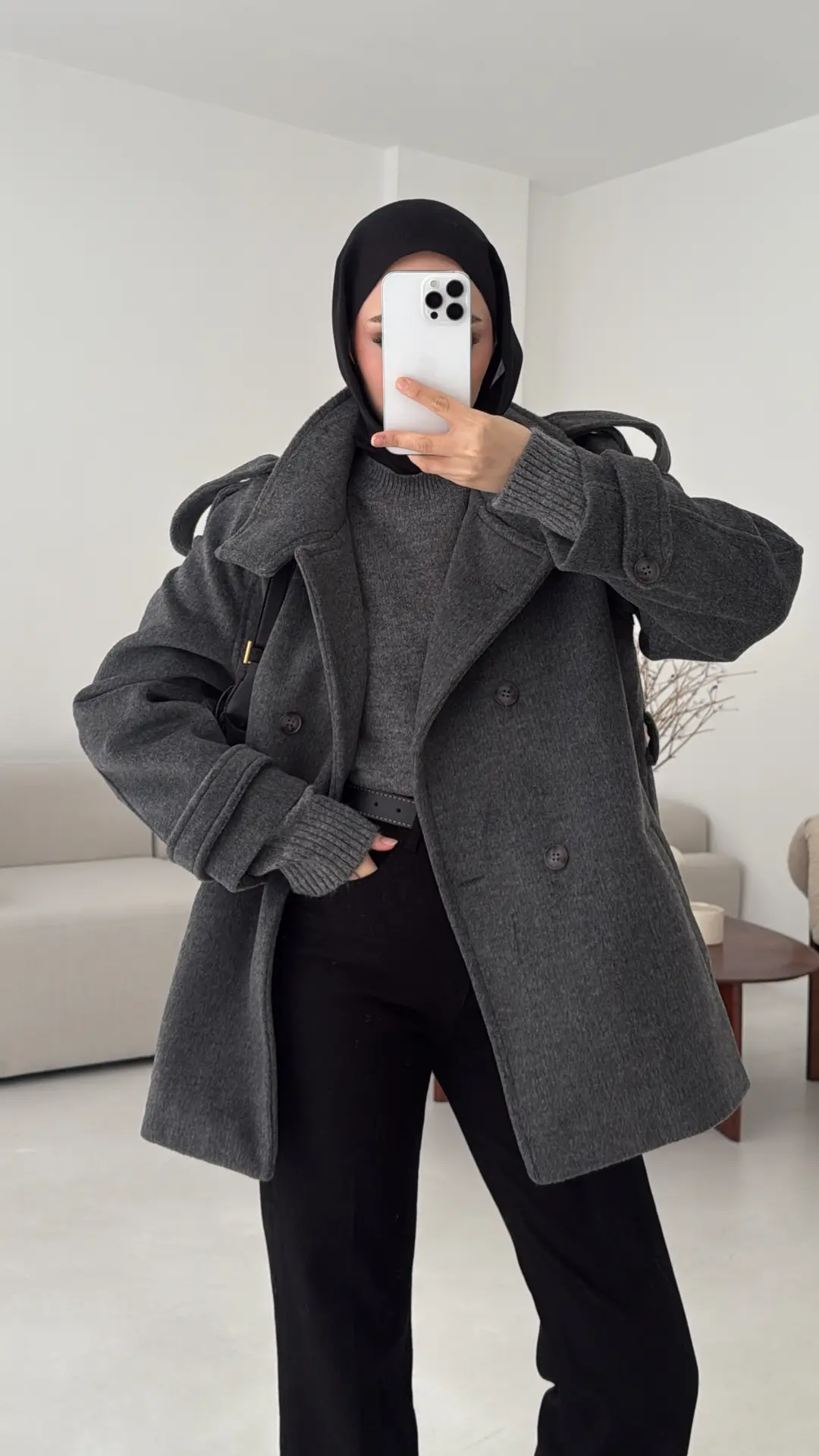 Kuşaklı Oversize Kaşe Kaban Antrasit - Görsel 8