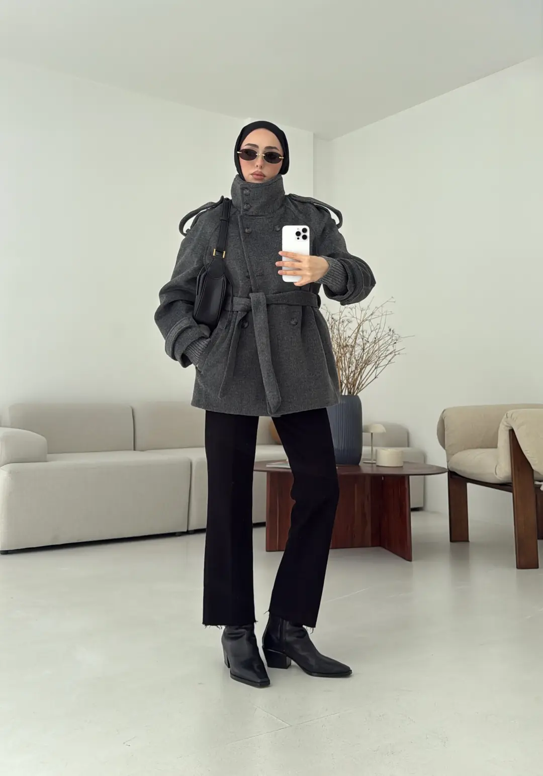 Kuşaklı Oversize Kaşe Kaban Antrasit - Görsel 9