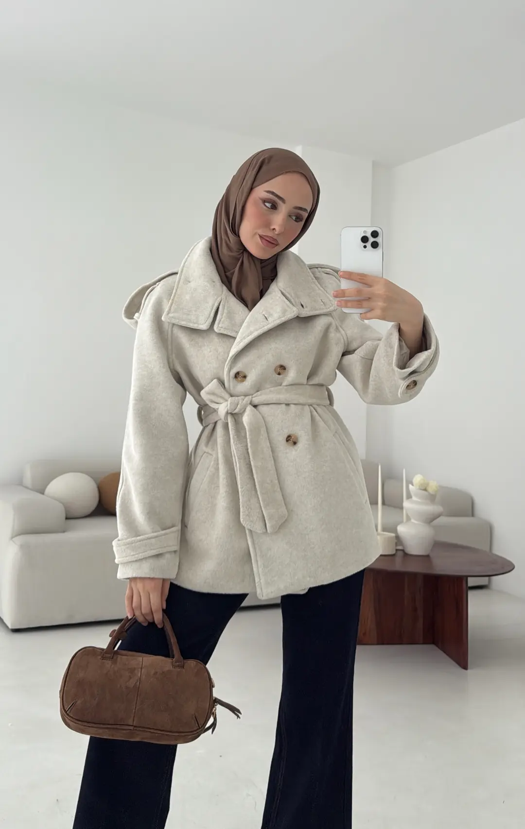 Kuşaklı Oversize Kaşe Kaban Taş