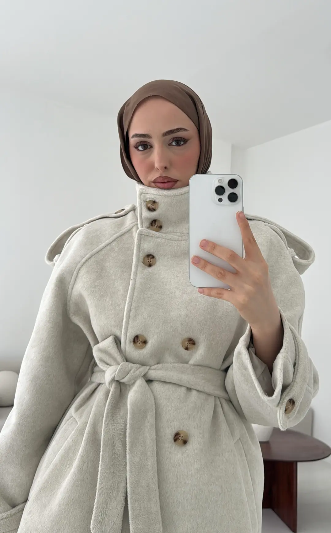 Kuşaklı Oversize Kaşe Kaban Taş - Görsel 3