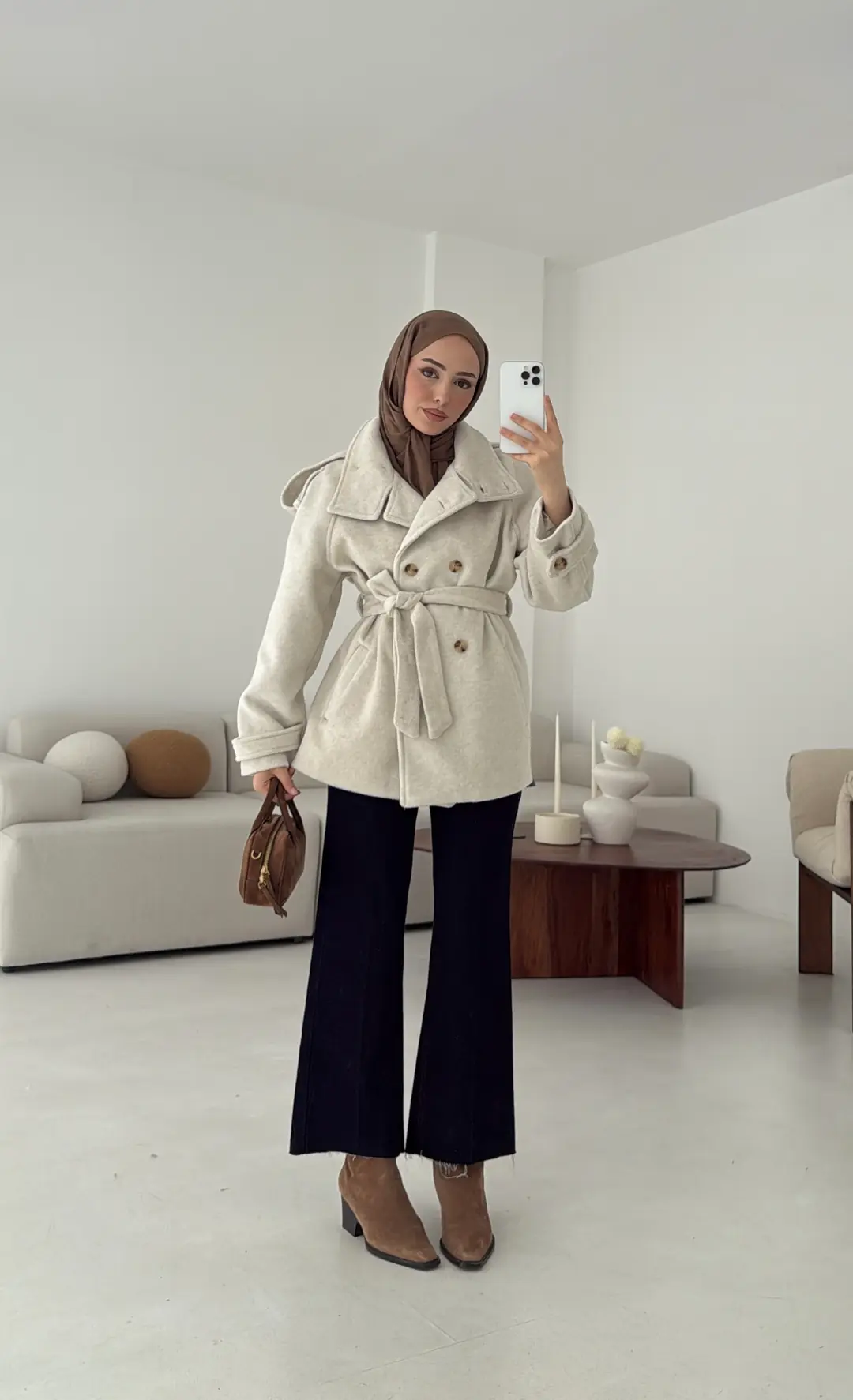 Kuşaklı Oversize Kaşe Kaban Taş - Görsel 5