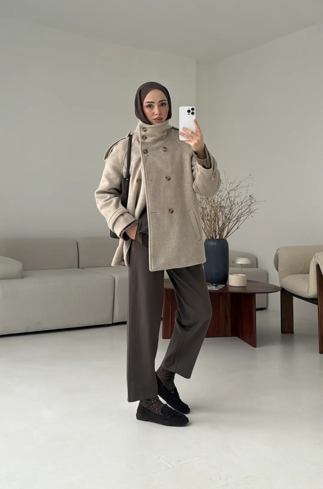 Kuşaklı Oversize Kaşe Kaban Vizon - Görsel 3