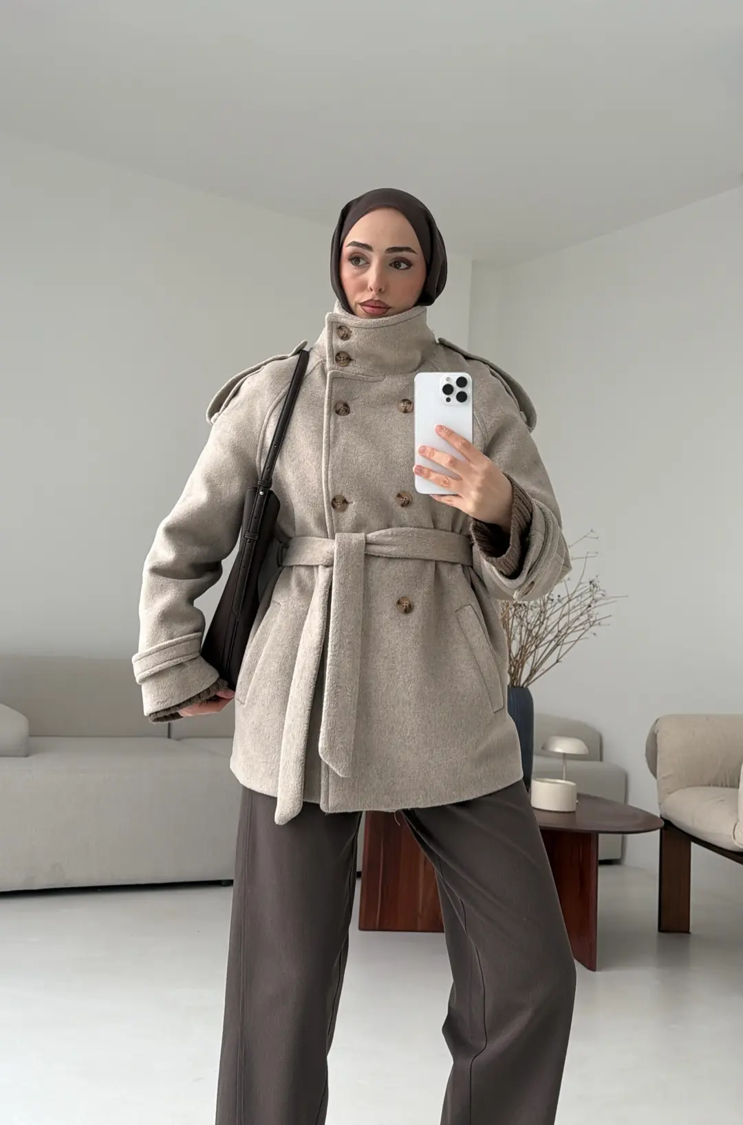 Kuşaklı Oversize Kaşe Kaban Vizon - Görsel 4