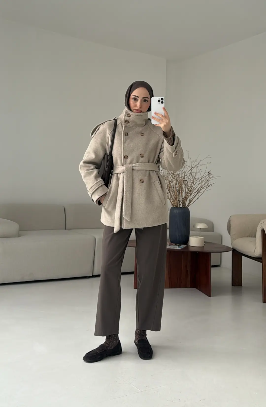 Kuşaklı Oversize Kaşe Kaban Vizon - Görsel 6