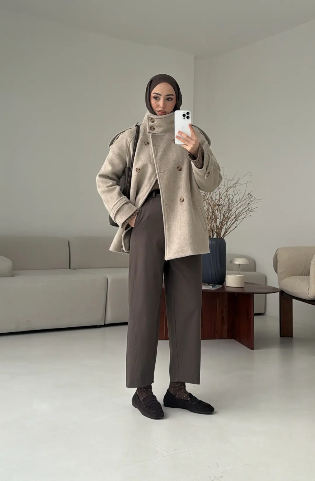 Kuşaklı Oversize Kaşe Kaban Vizon - Görsel 8