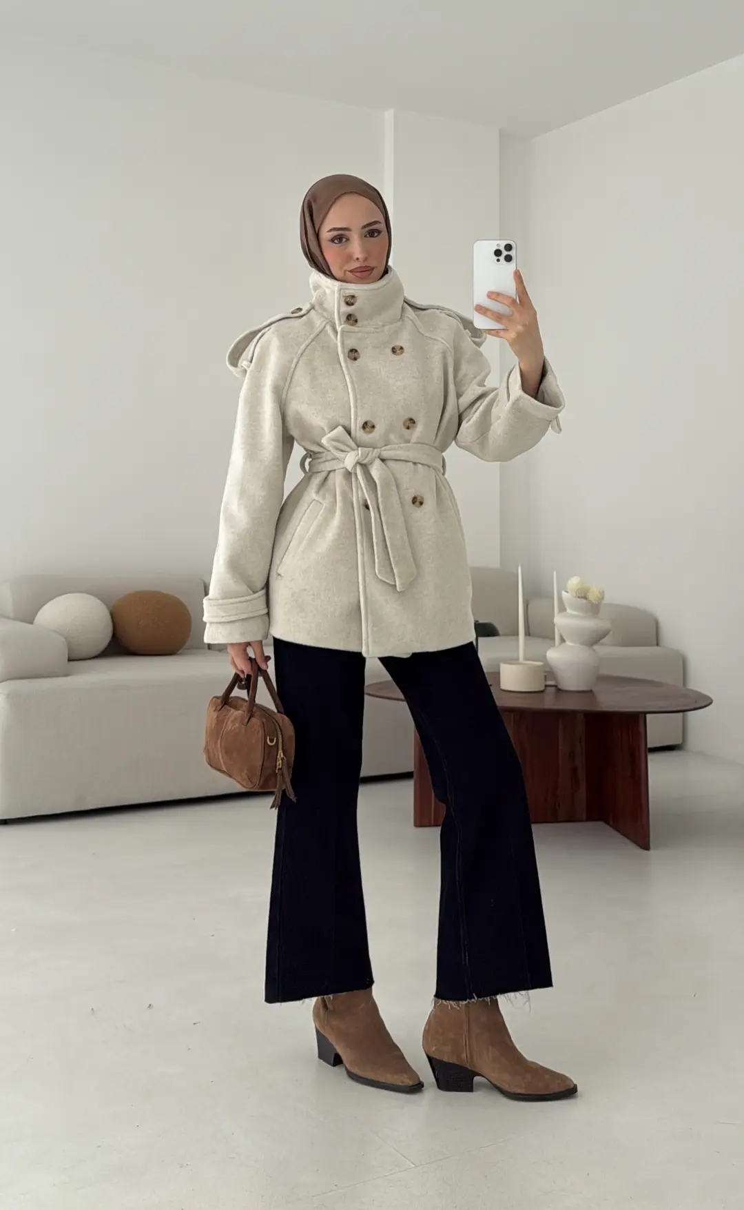 Kuşaklı Oversize Kaşe Kaban Bej - Görsel 2