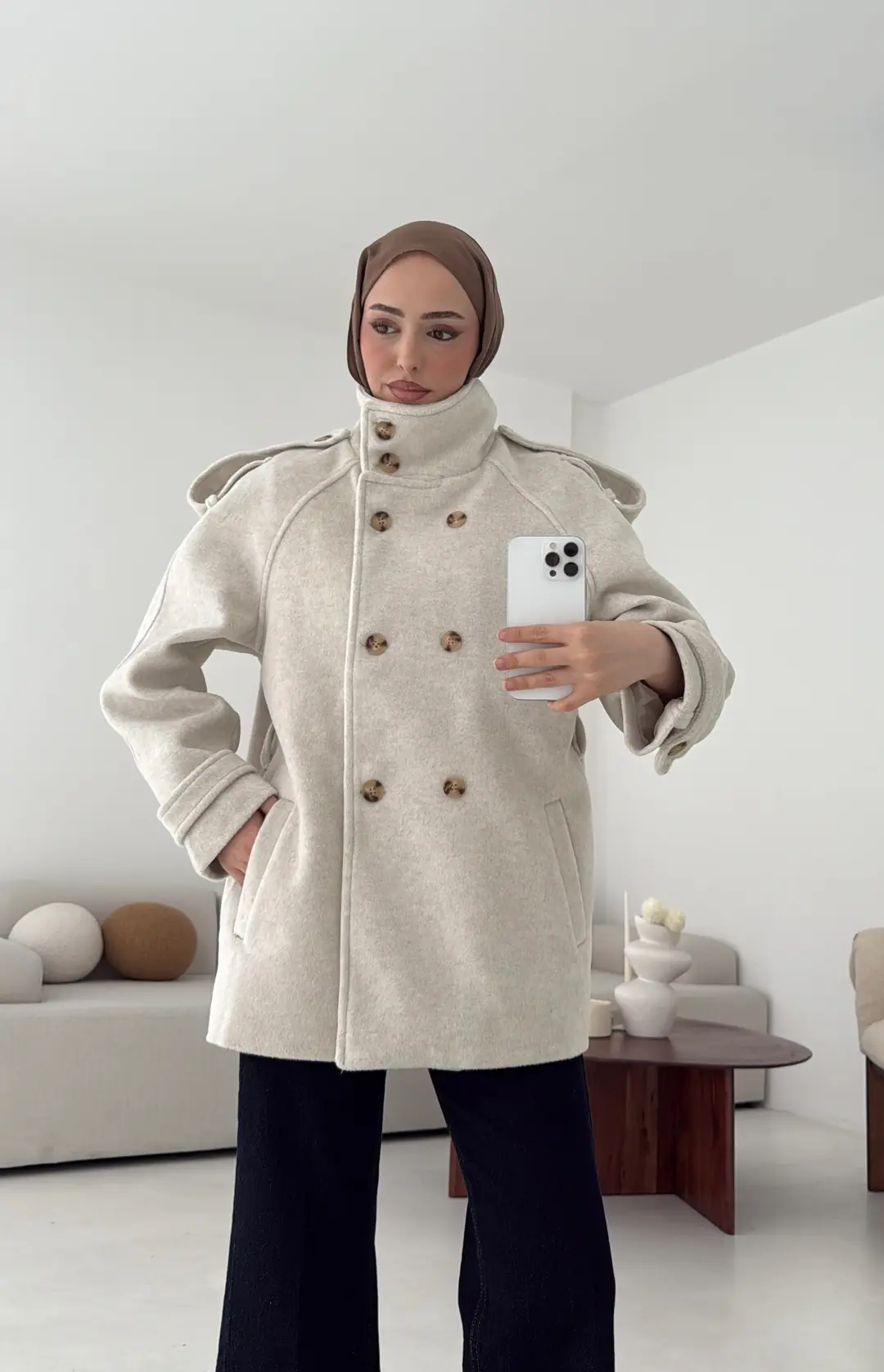 Kuşaklı Oversize Kaşe Kaban Bej - Görsel 5