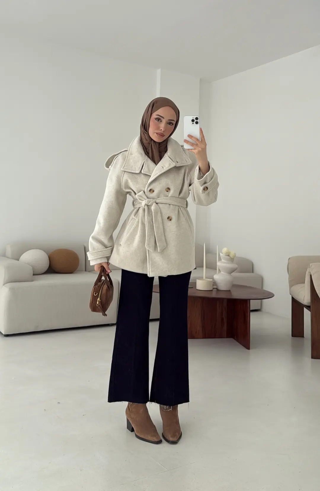 Kuşaklı Oversize Kaşe Kaban Bej - Görsel 7