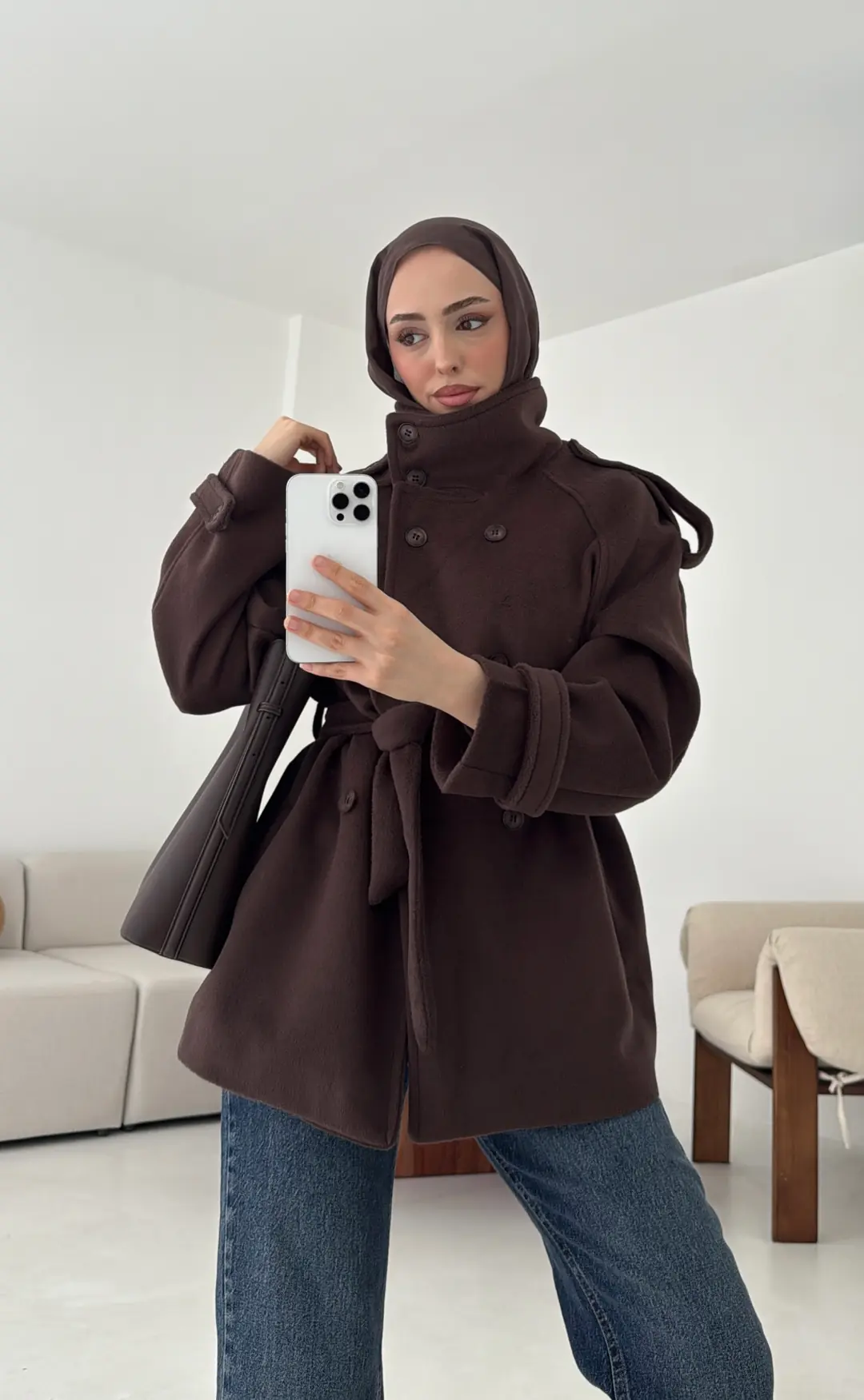 Kuşaklı Oversize Kaşe Kaban Kahve