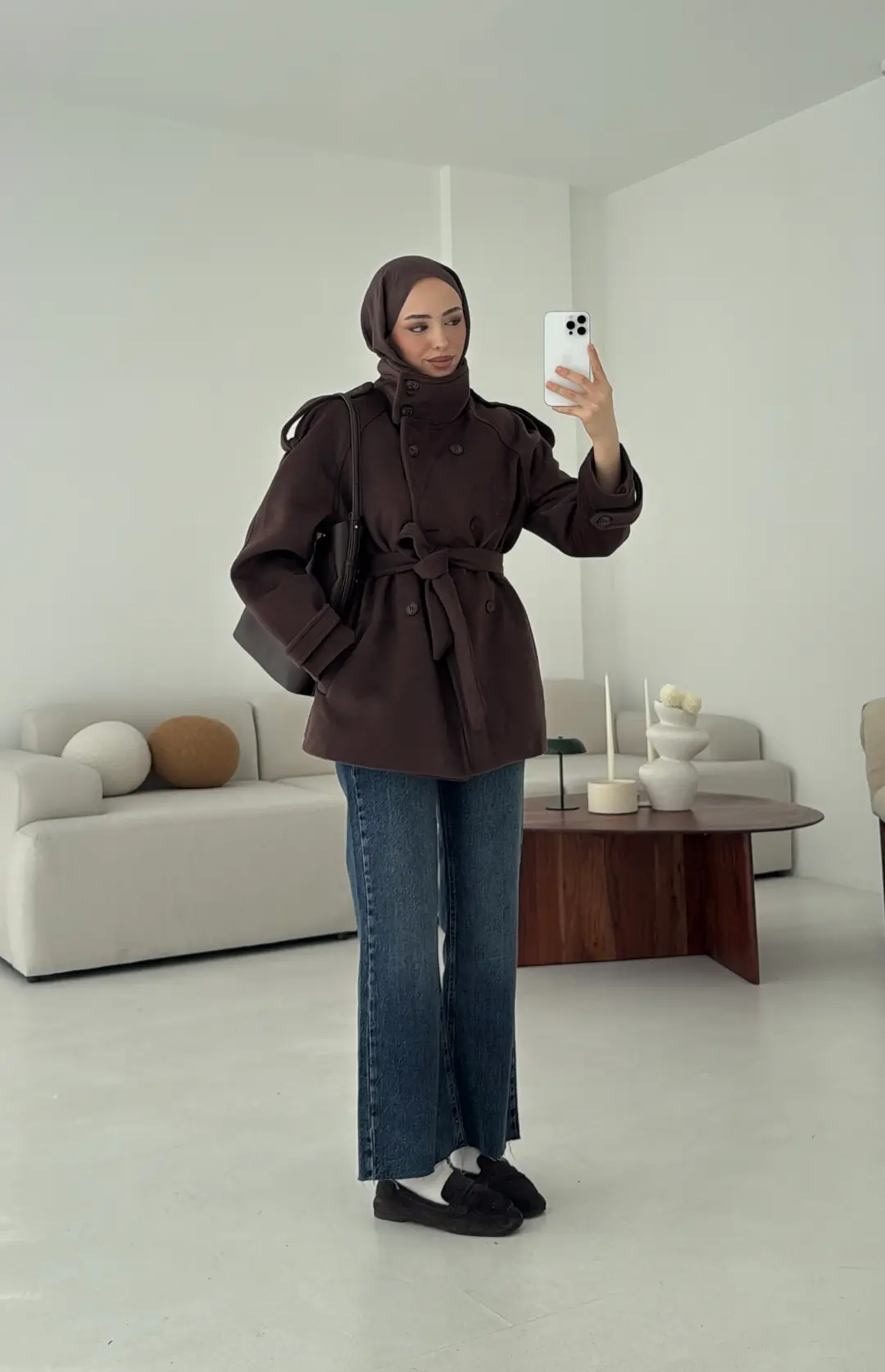 Kuşaklı Oversize Kaşe Kaban Kahve - Görsel 2