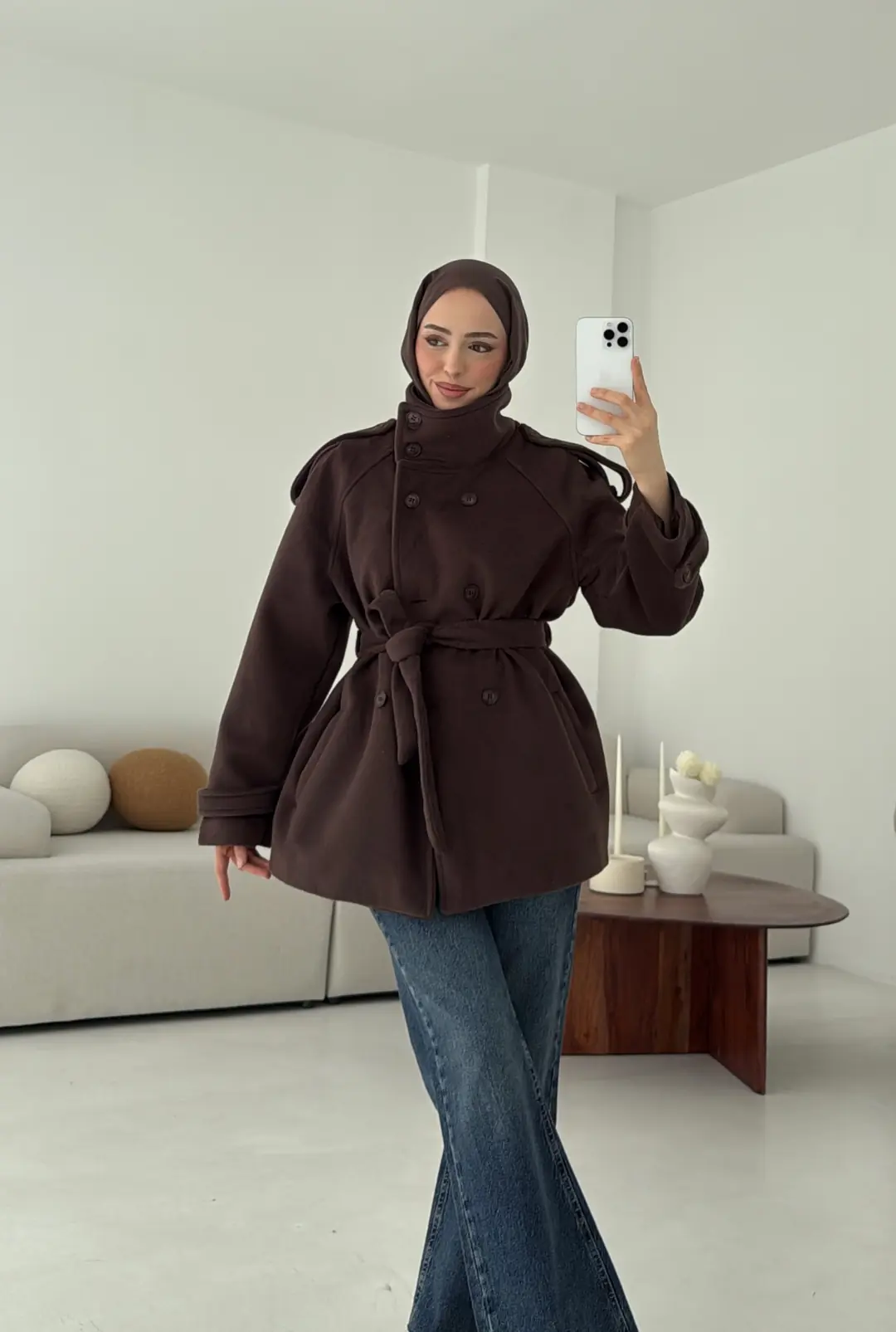 Kuşaklı Oversize Kaşe Kaban Kahve - Görsel 3