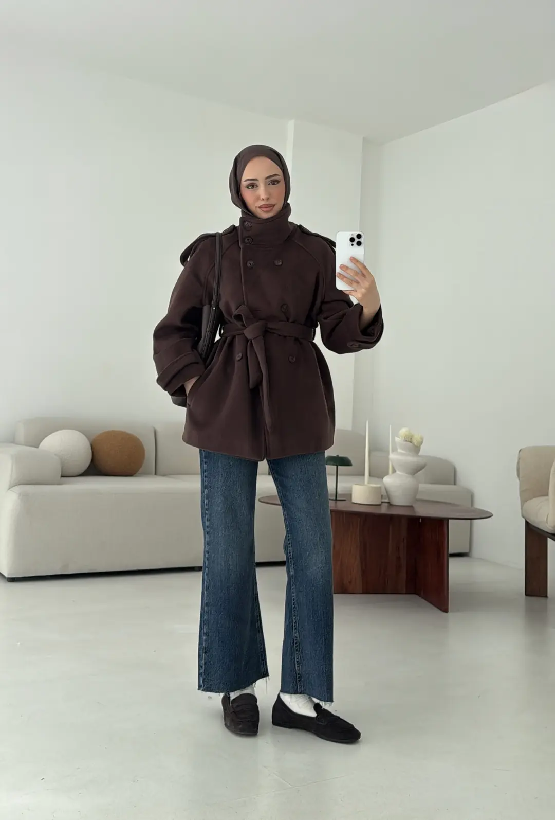 Kuşaklı Oversize Kaşe Kaban Kahve - Görsel 4