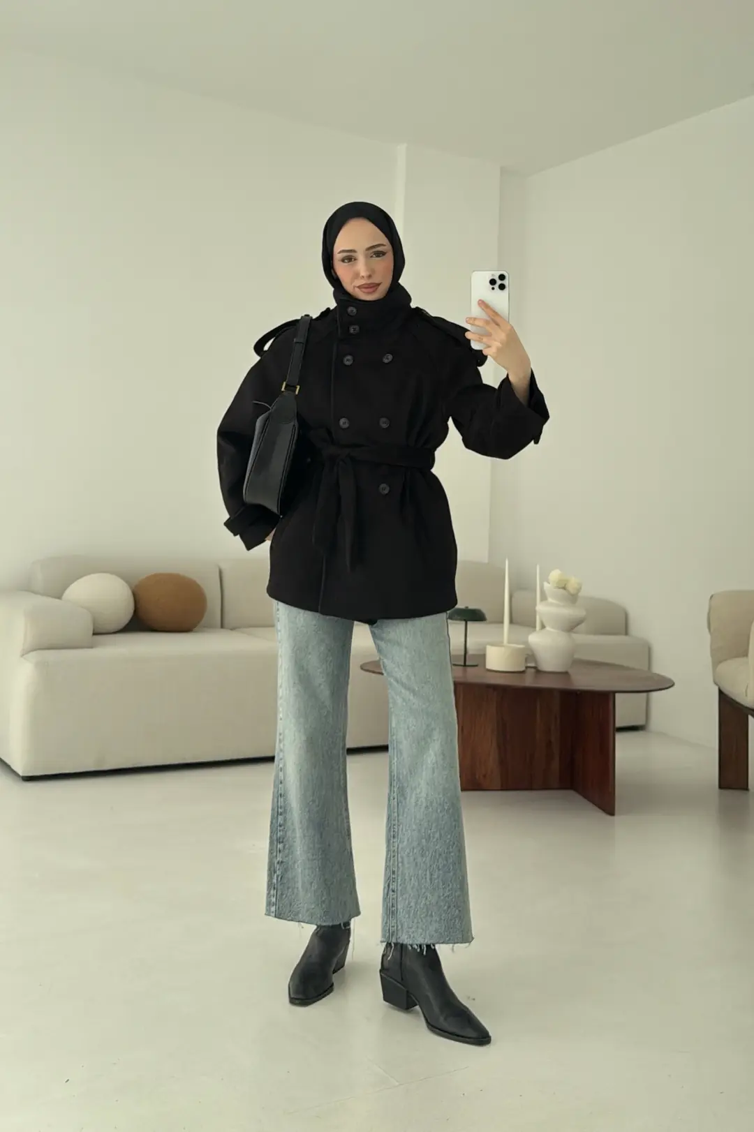 Kuşaklı Oversize Kaşe Kaban Siyah - Görsel 3