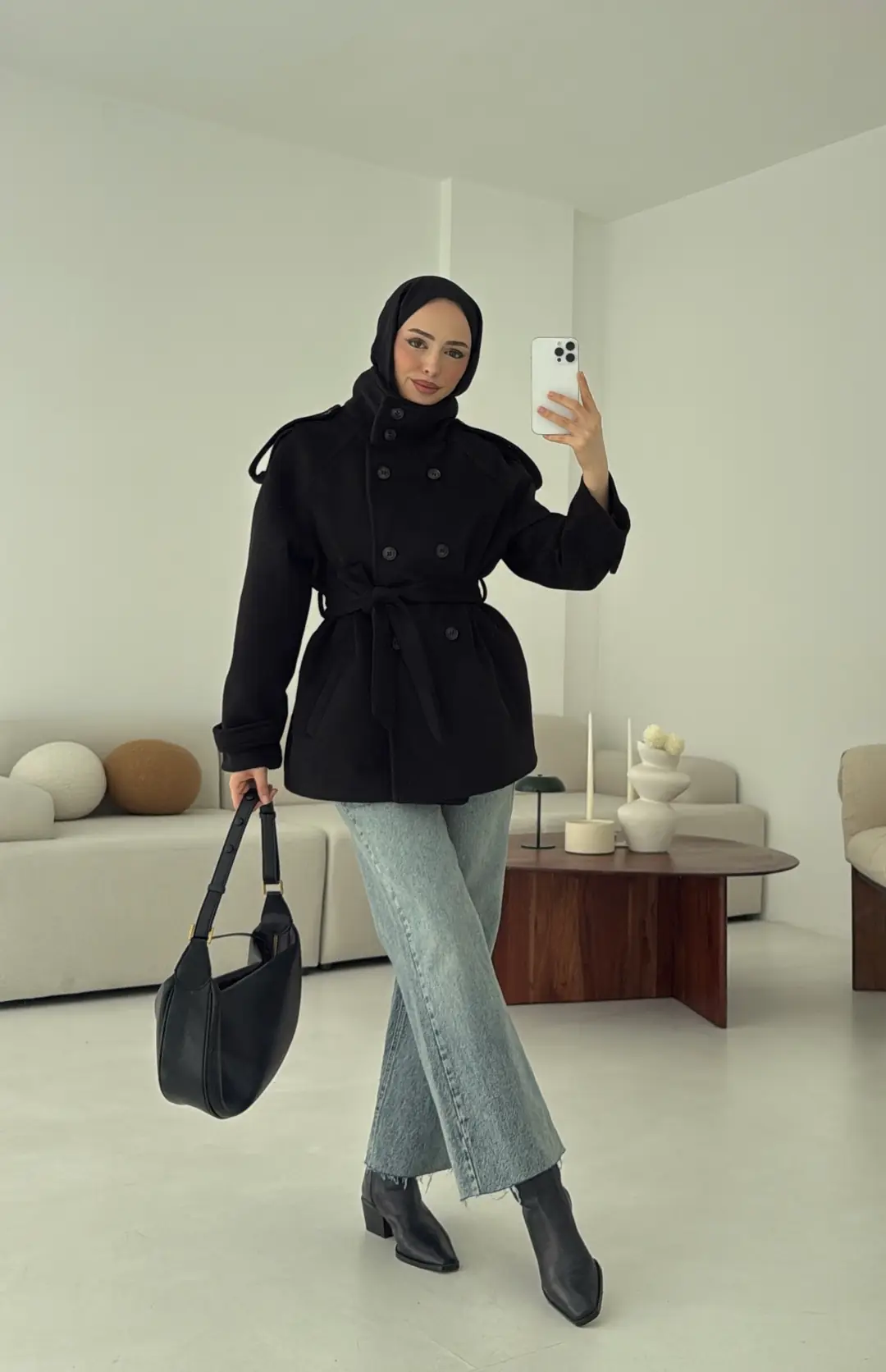 Kuşaklı Oversize Kaşe Kaban Siyah - Görsel 5