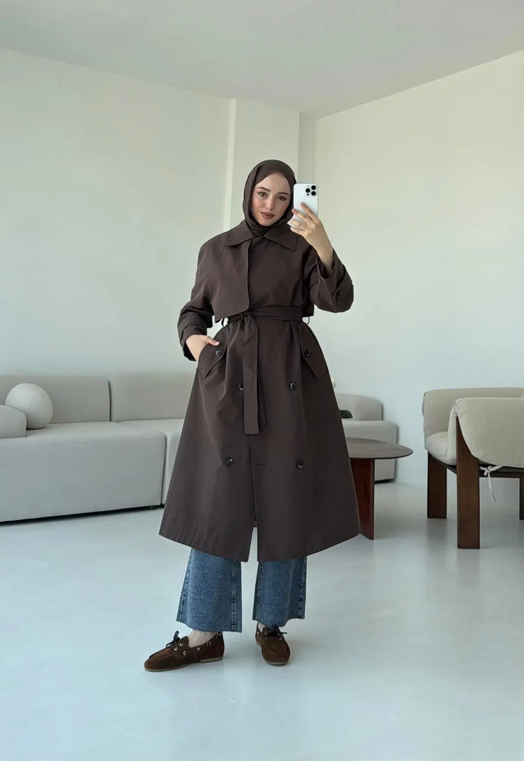 Kuşaklı Premium Trençkot Kahve - Görsel 3