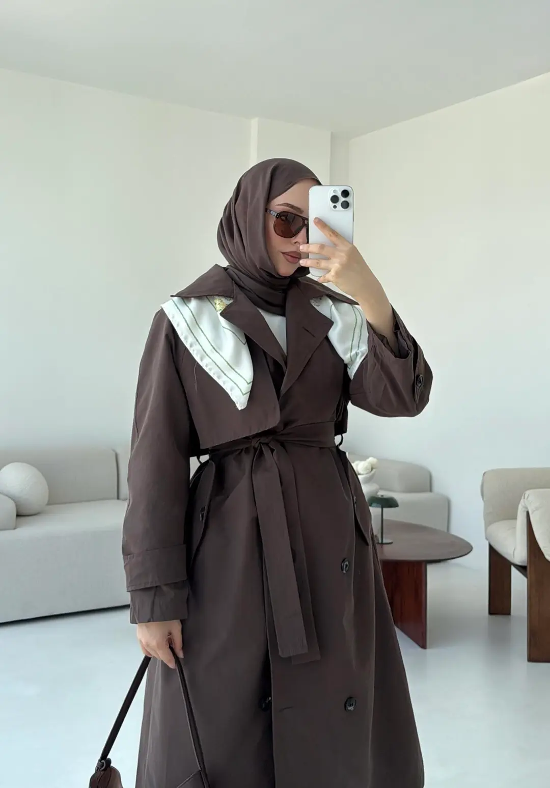 Kuşaklı Premium Trençkot Kahve - Görsel 5