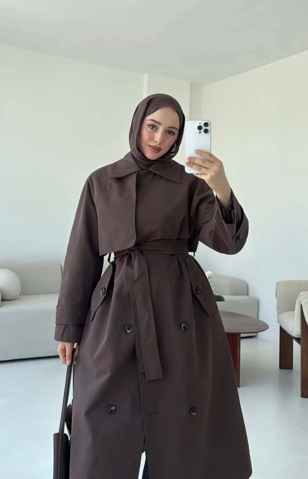 Kuşaklı Premium Trençkot Kahve - Görsel 7