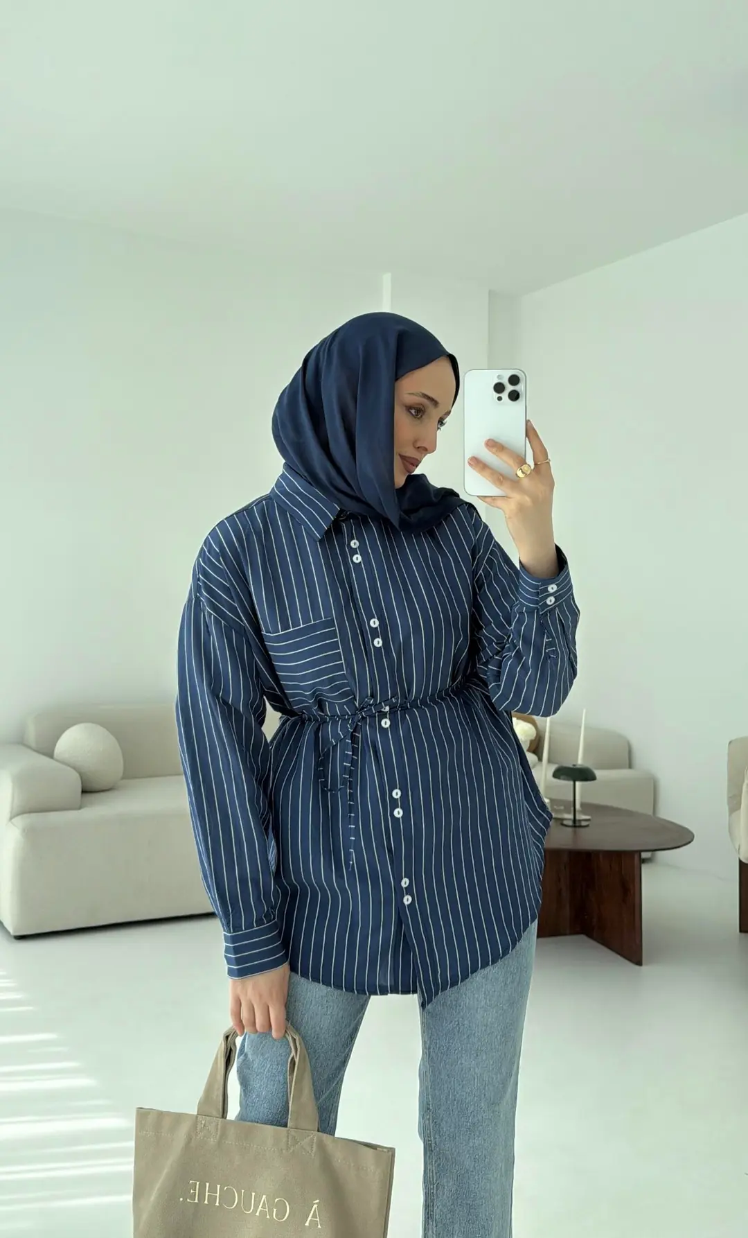 Lacivert Çizgili Bağlamalı Gömlek - Görsel 3