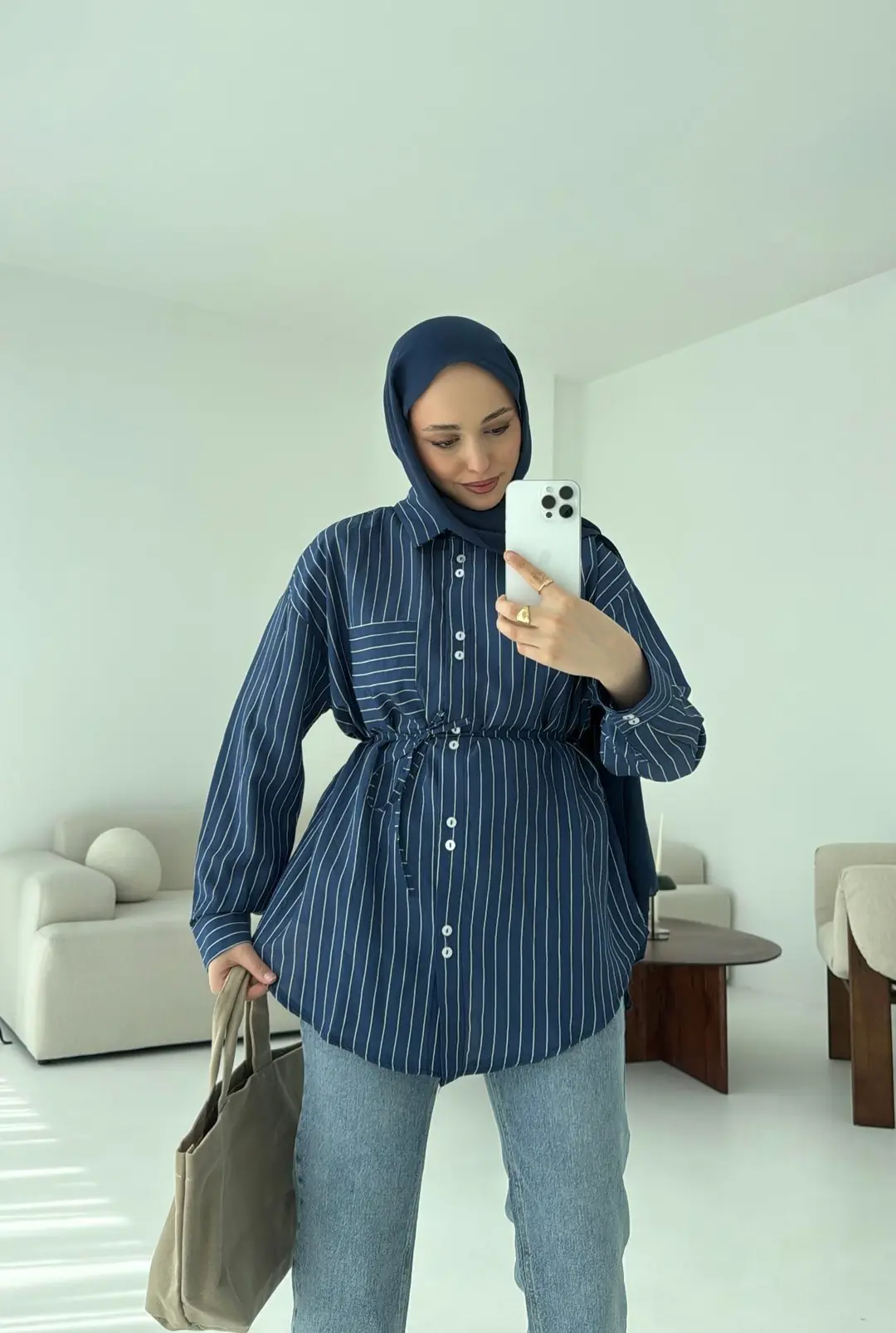 Lacivert Çizgili Bağlamalı Gömlek - Görsel 4