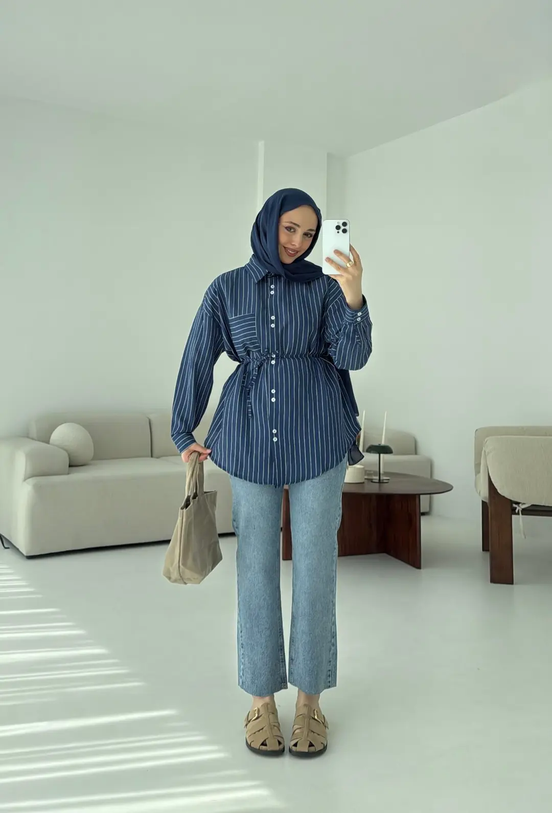 Lacivert Çizgili Bağlamalı Gömlek - Görsel 5
