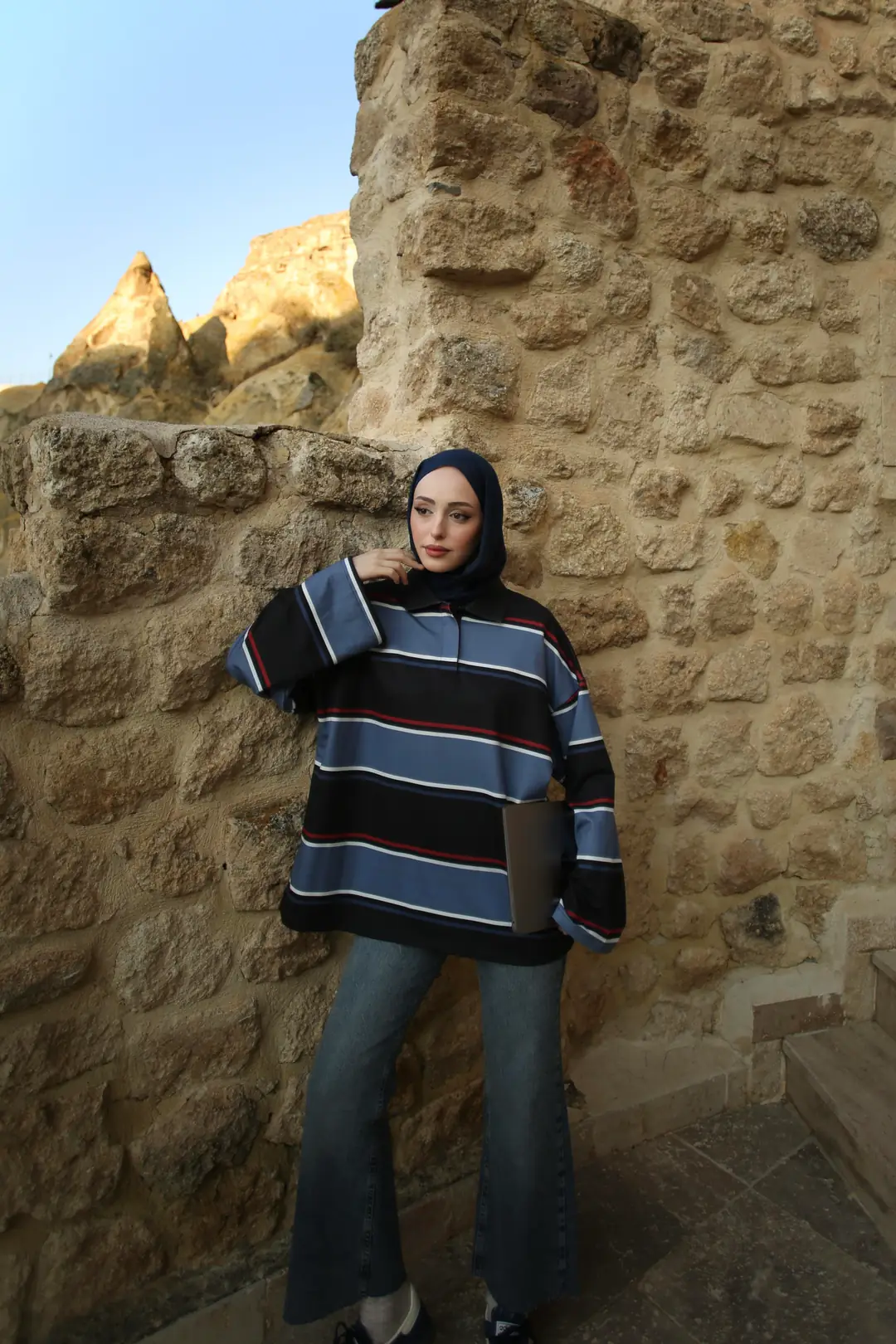 Lacivert Çizgili Polo Yaka Sweatshrt