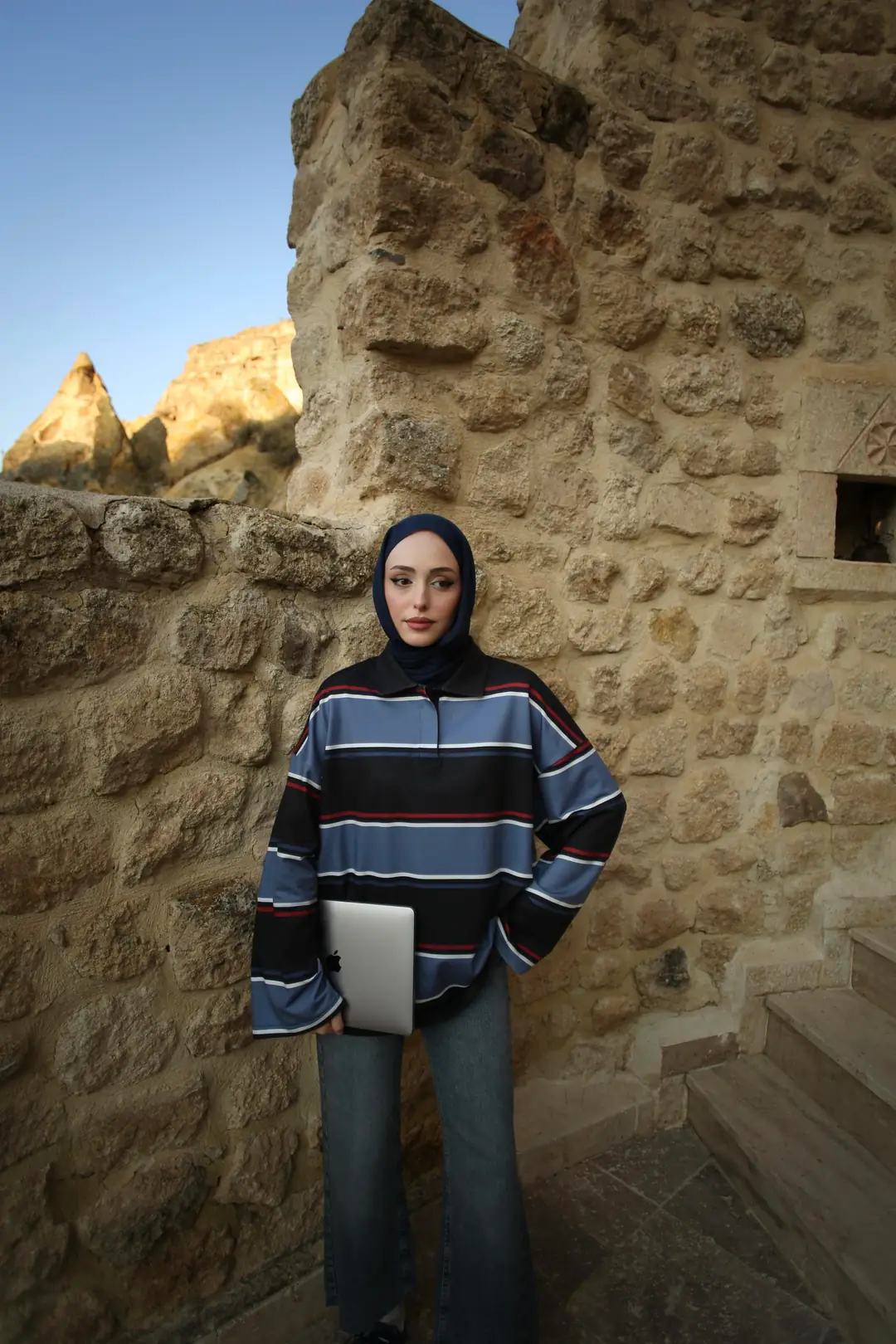 Lacivert Çizgili Polo Yaka Sweatshrt - Görsel 4