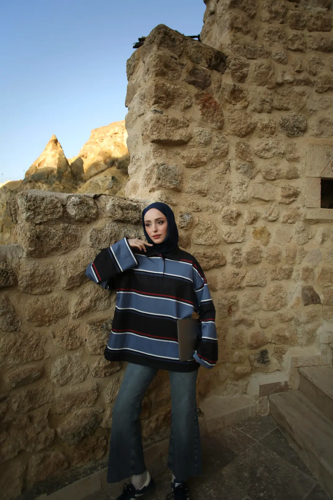 Lacivert Çizgili Polo Yaka Sweatshrt - Görsel 5