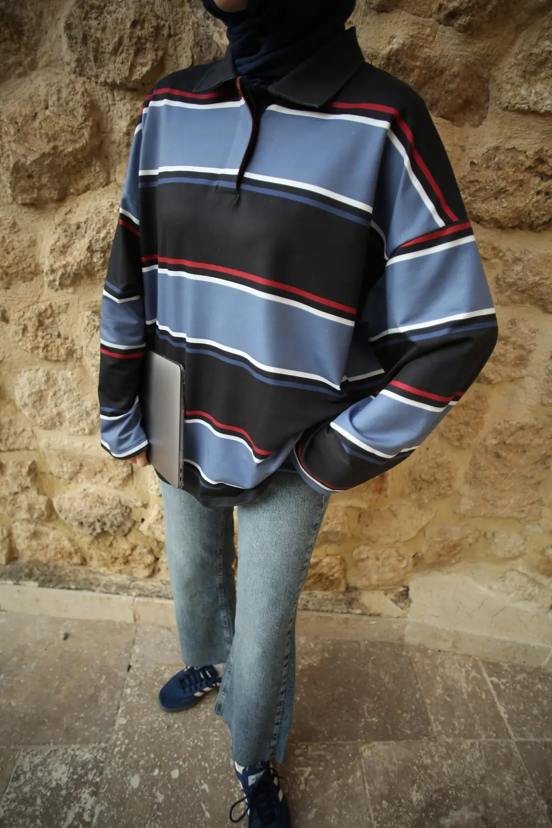 Lacivert Çizgili Polo Yaka Sweatshrt - Görsel 7