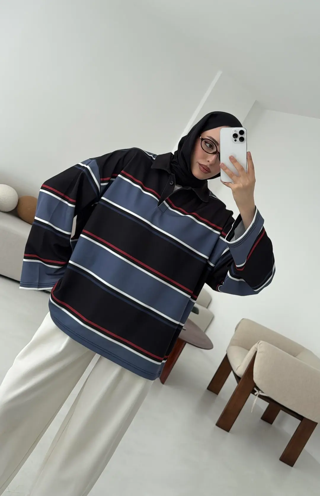 Lacivert Çizgili Polo Yaka Sweatshrt - Görsel 3