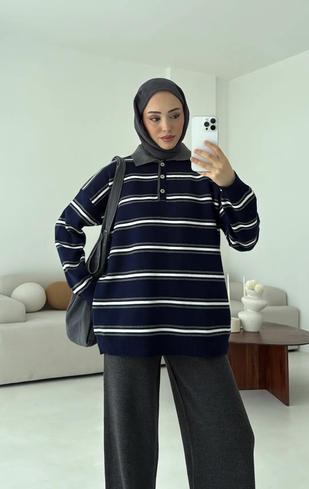 Lacivert Çizgili Polo Yaka Triko Kazak