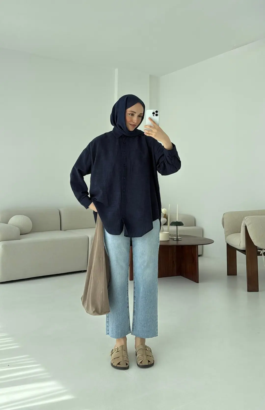 Lacivert Keten Gömlek - Görsel 3