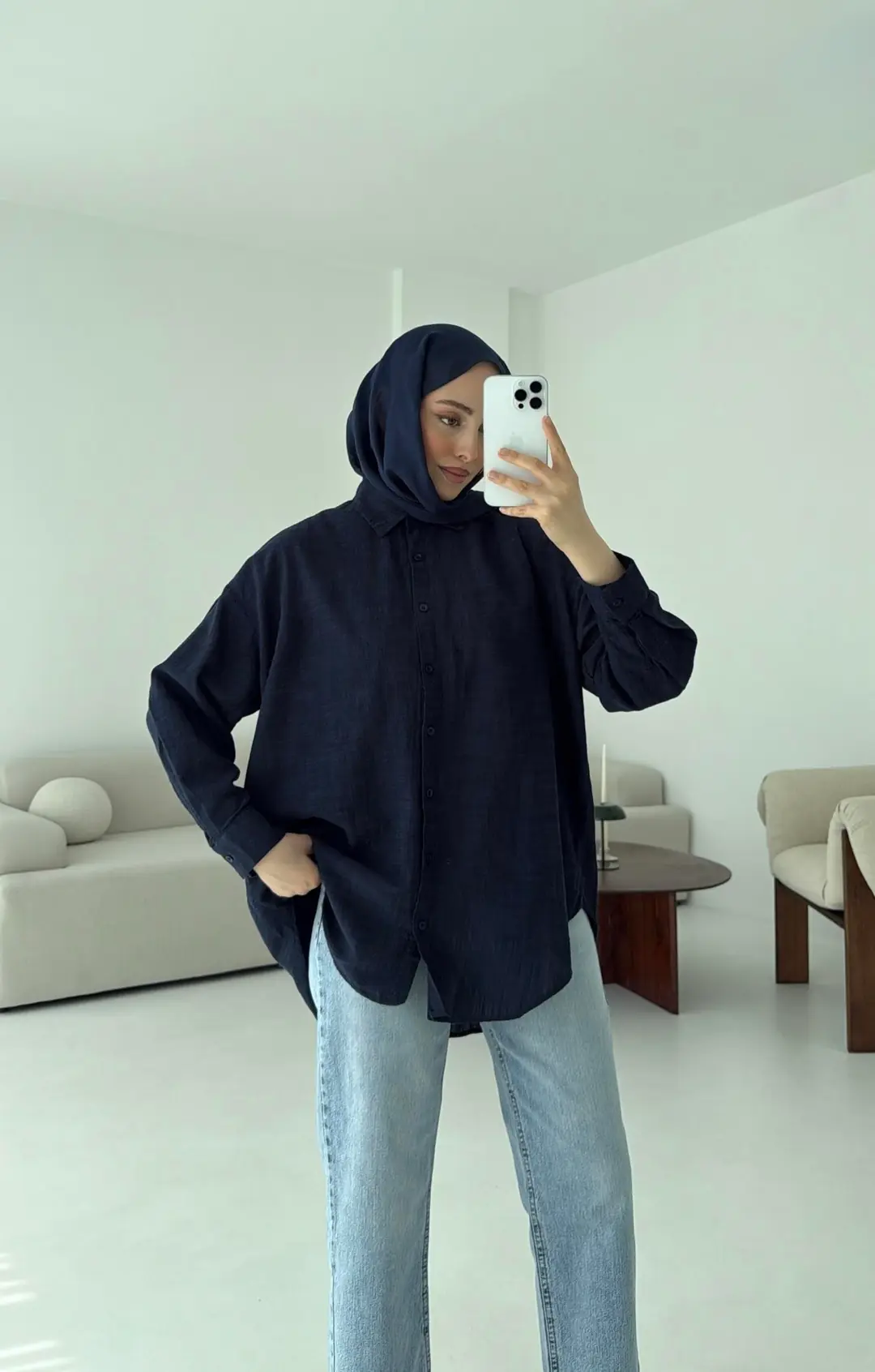 Lacivert Keten Gömlek - Görsel 4