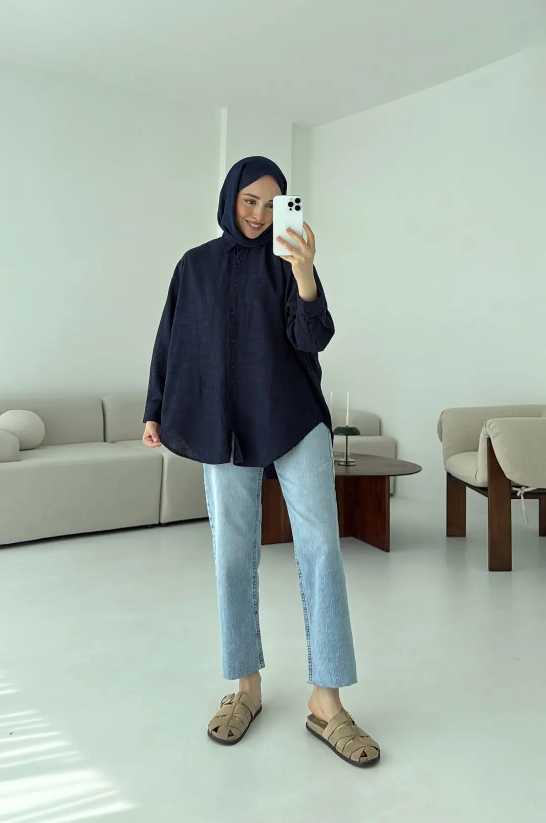 Lacivert Keten Gömlek - Görsel 5