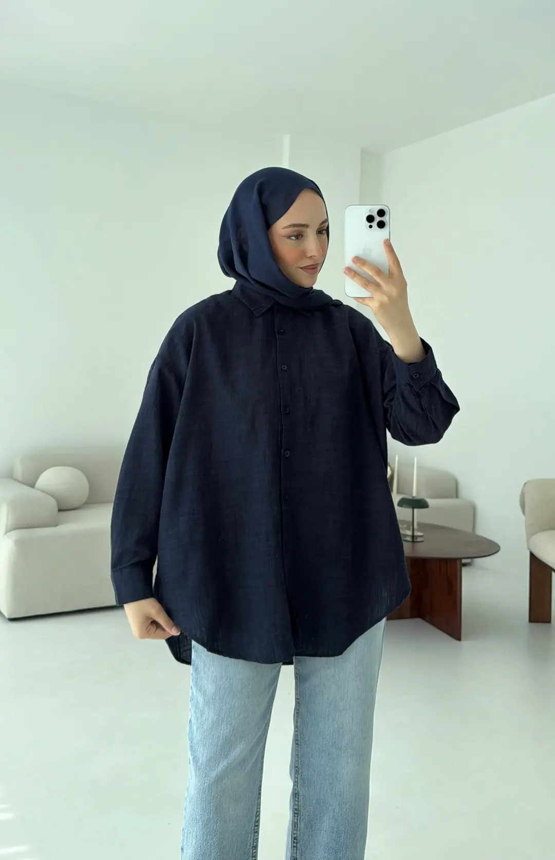 Lacivert Keten Gömlek - Görsel 6