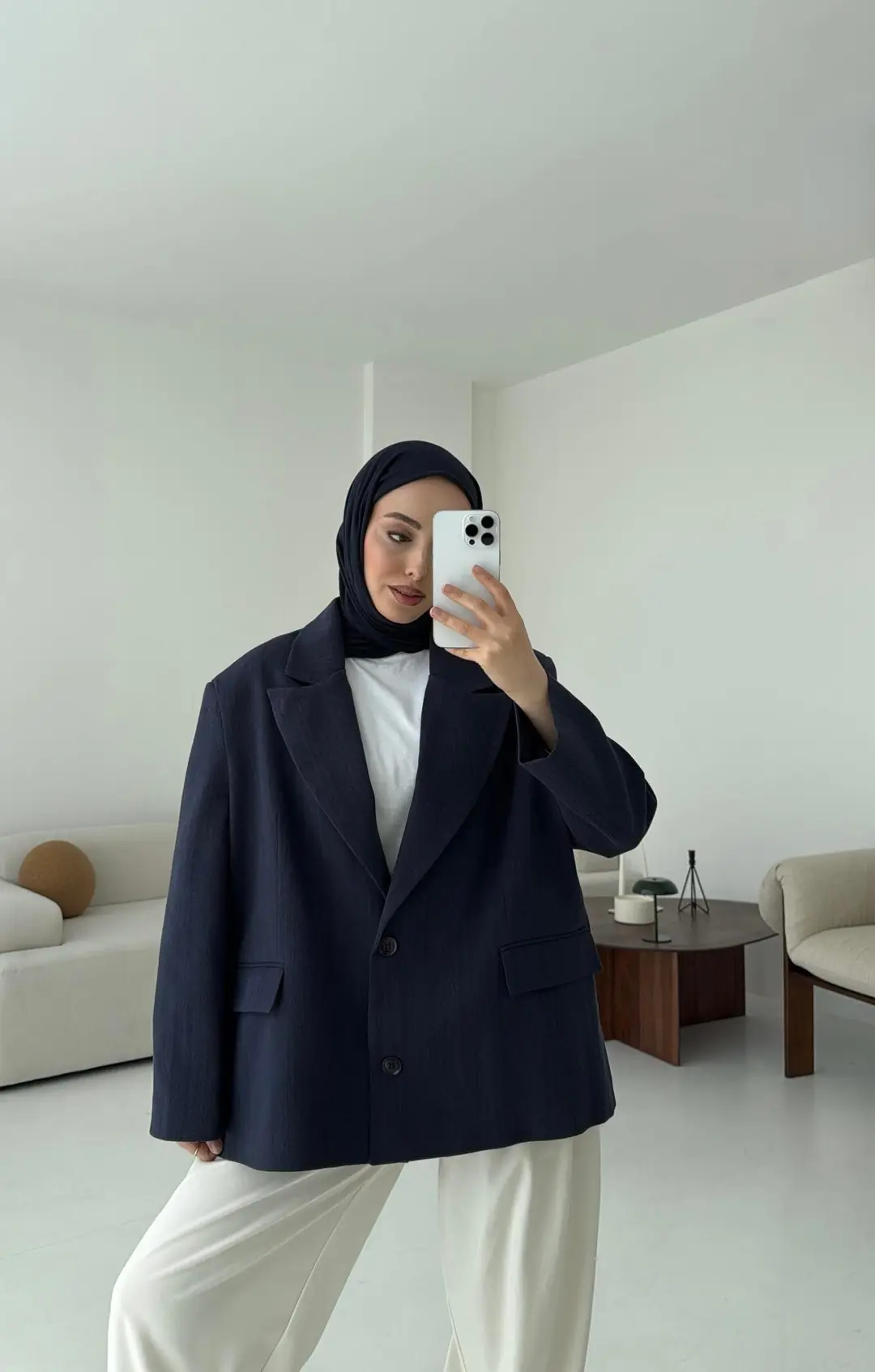 Lacivert Keten Oversize Blazer Ceket - Görsel 2