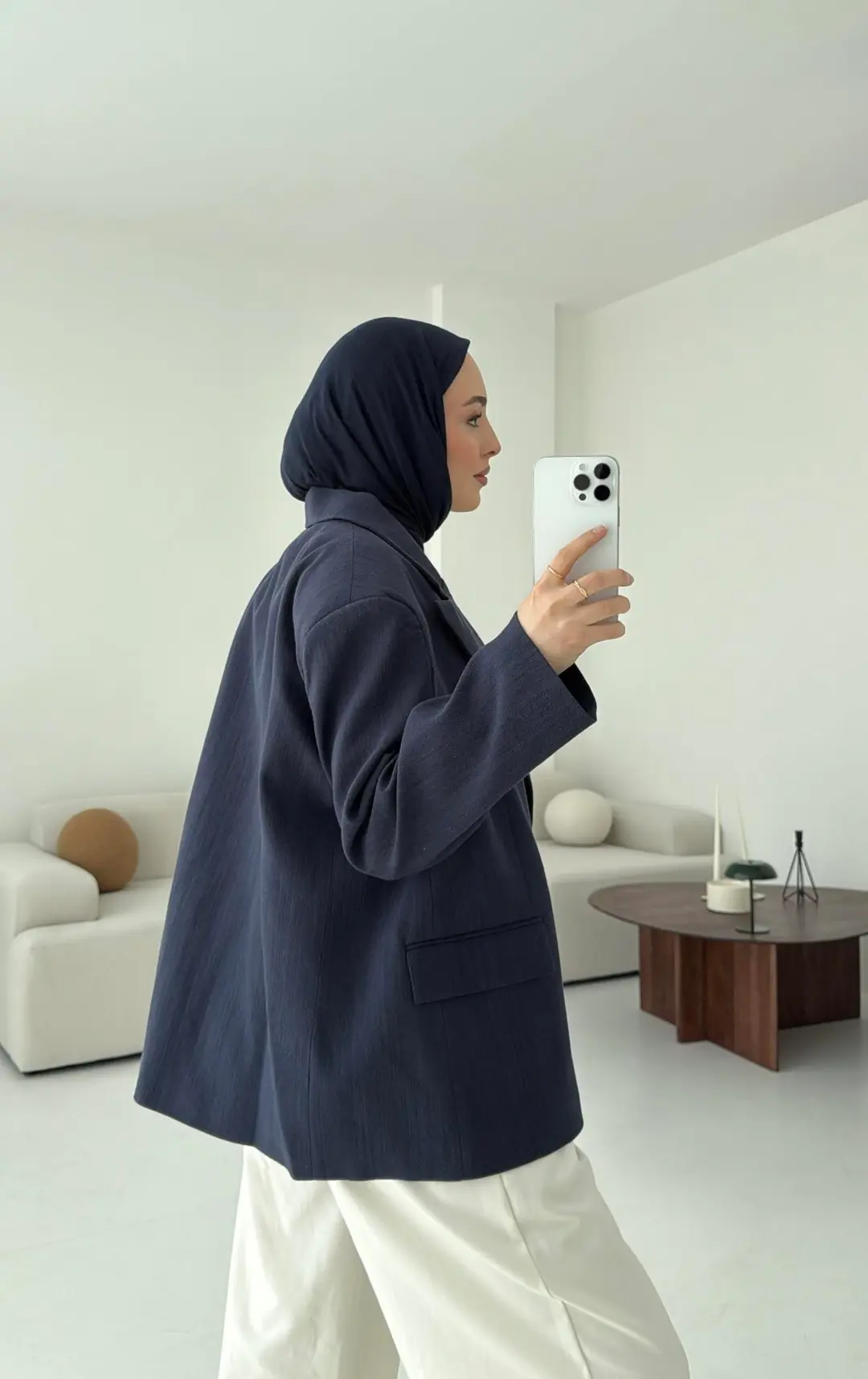 Lacivert Keten Oversize Blazer Ceket - Görsel 3