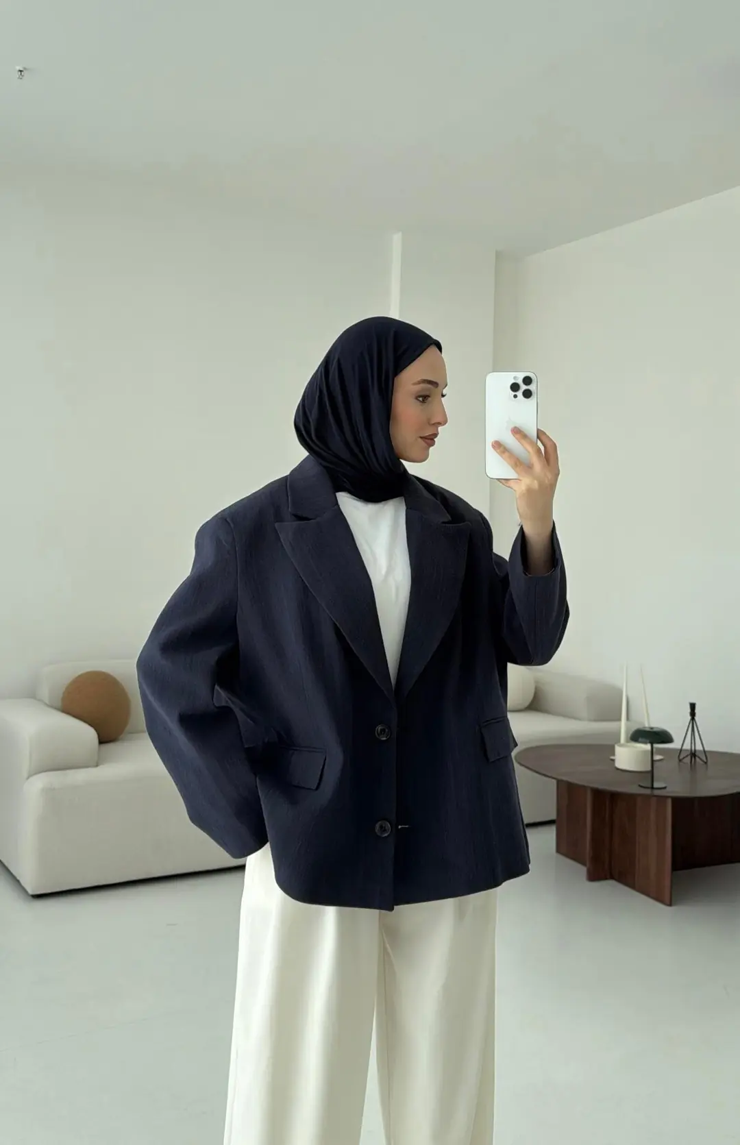 Lacivert Keten Oversize Blazer Ceket - Görsel 5